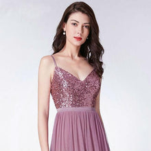 Lade das Bild in den Galerie-Viewer, Pailletten Abendkleid Spaghettiträger V-Ausschnitt Pink