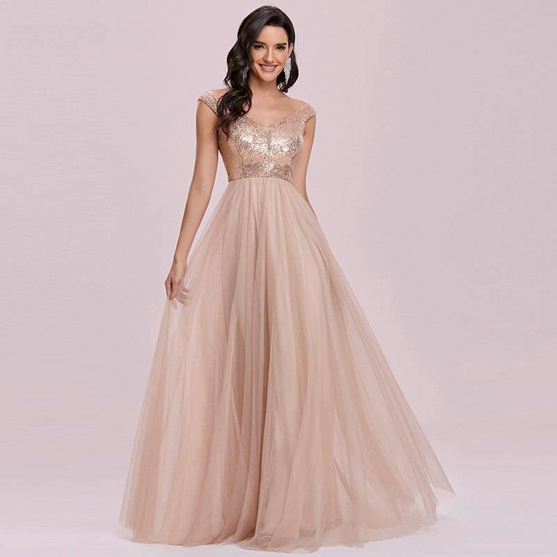 Rose Goldenes Ball & Abendkleid mit Pailletten Oberteil & Tüll Rock