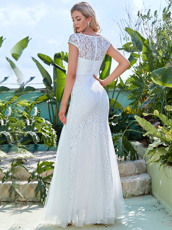 Weißes Spitzen Braut & Hochzeitskleid mit Fishtail Rock
