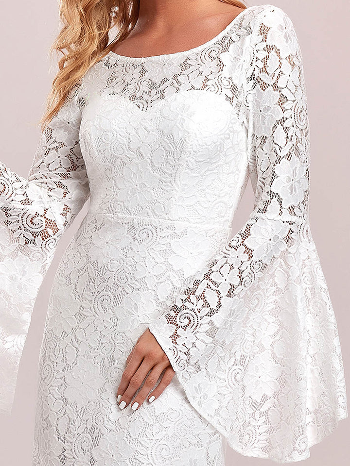 Weißes Spitzen Braut & Hochzeitskleid mit Trompeten Ärmel