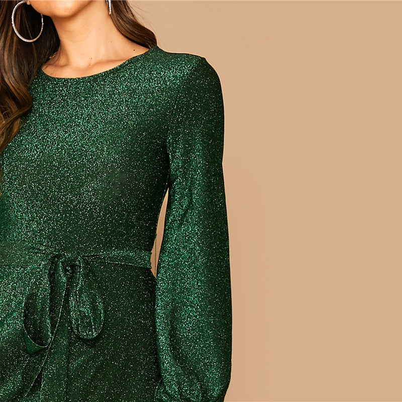 Glitter Grün Abendkleid Langarm Wadenlang