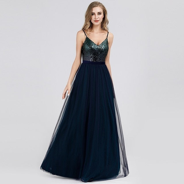 Elegantes Abendkleid mit Pailletten Oberteil & langen Tüll Rock Navy Blau