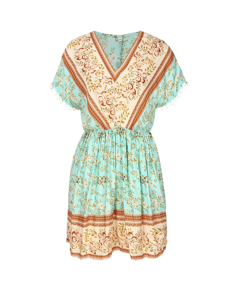Geblümtes Sommerkleid mit schicken Ärmeln & V-Ausschnitt grün