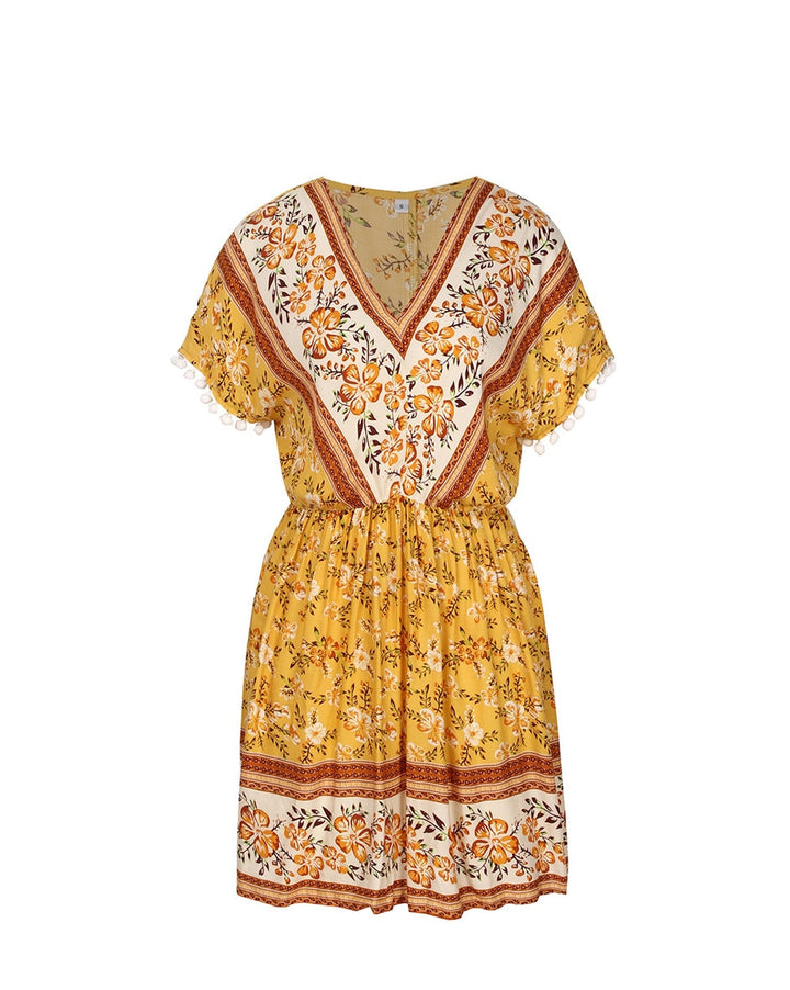 Geblümtes Sommerkleid mit schicken Ärmeln & V-Ausschnitt gelb