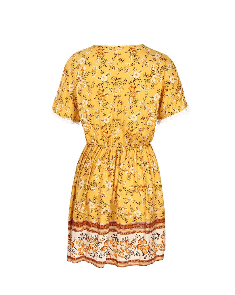Geblümtes Sommerkleid mit schicken Ärmeln & V-Ausschnitt gelb