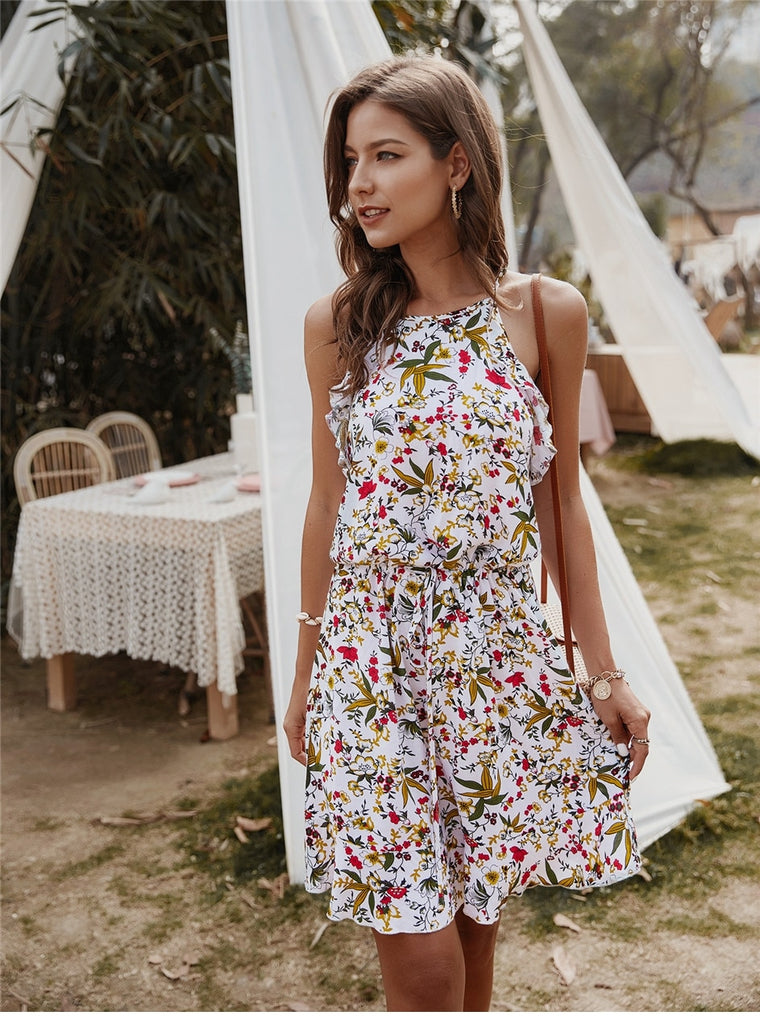 Top 2021 Sommerkleid mit geblümten Stoff weiß