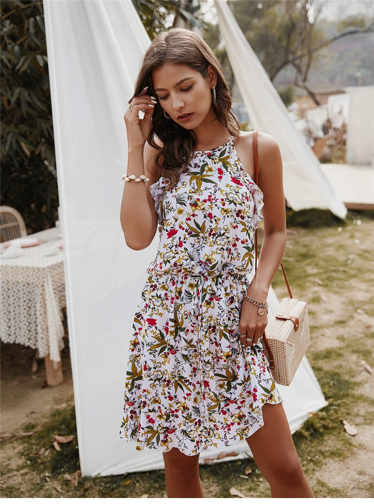 Top 2021 Sommerkleid mit geblümten Stoff weiß