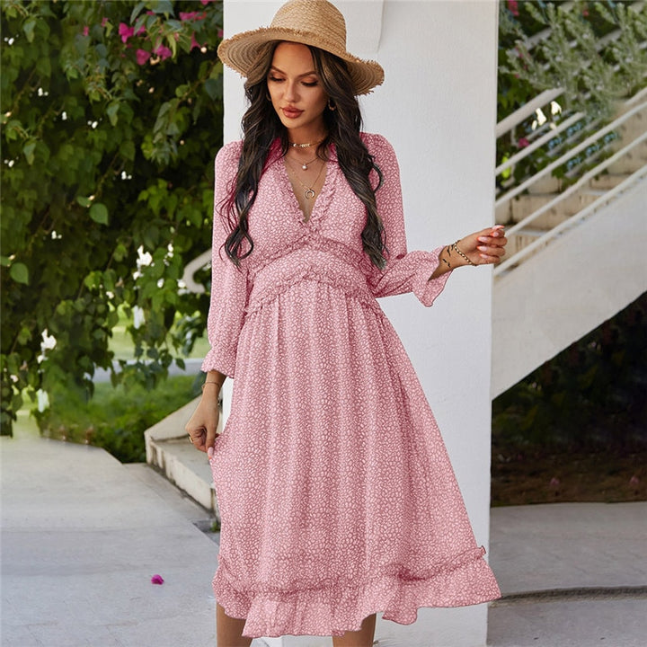 Vintage Sommerkleid 2021 mit V-Ausschnitt & langen Armen pink rosa