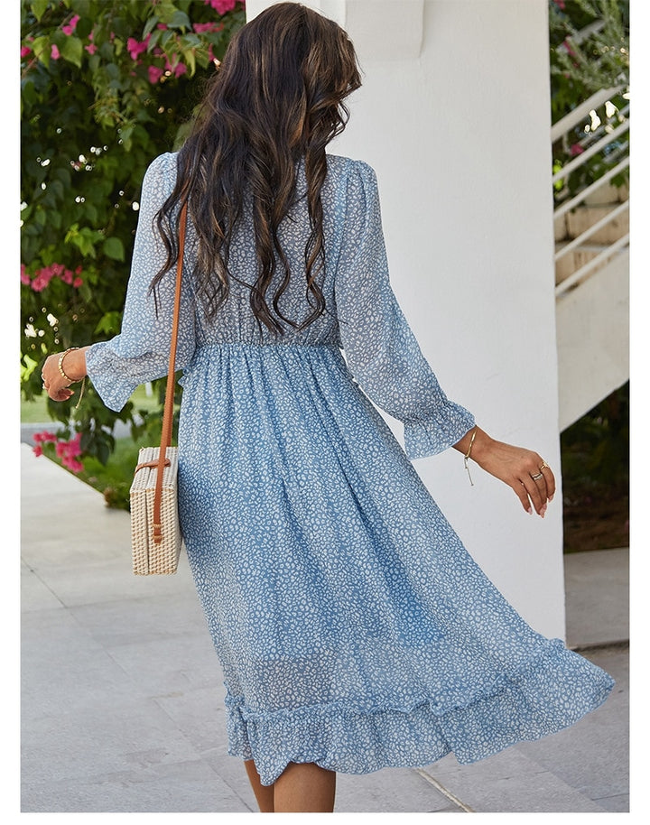 Vintage Sommerkleid 2021 mit V-Ausschnitt & langen Armen blau