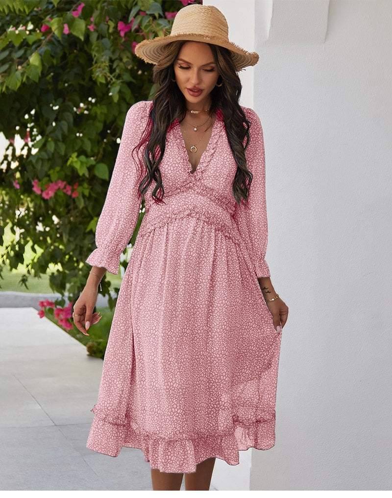 Vintage Sommerkleid 2021 mit V-Ausschnitt & langen Armen pink rosa