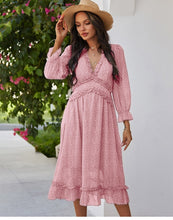 Lade das Bild in den Galerie-Viewer, Vintage Sommerkleid 2021 mit V-Ausschnitt &amp; langen Armen pink rosa