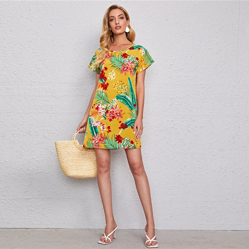 Buntes Tropical Sommerkleid im Surf & Hawaii Stil gelb
