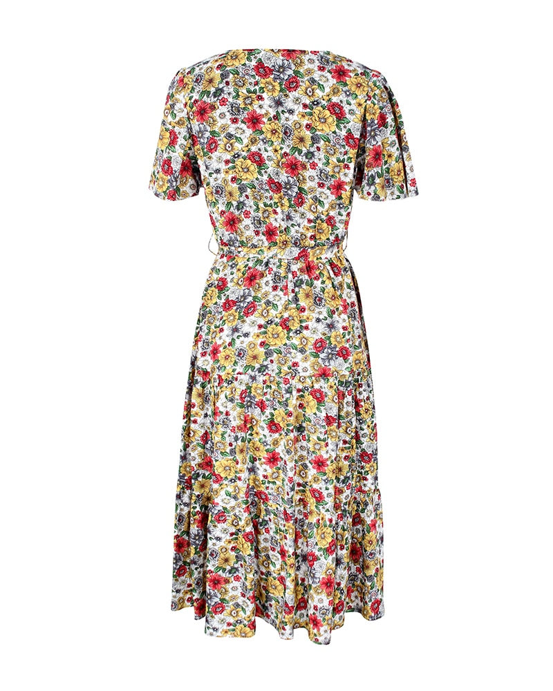 Geblümtes Vintage Sommerkleid mit Wadenlangen Rock