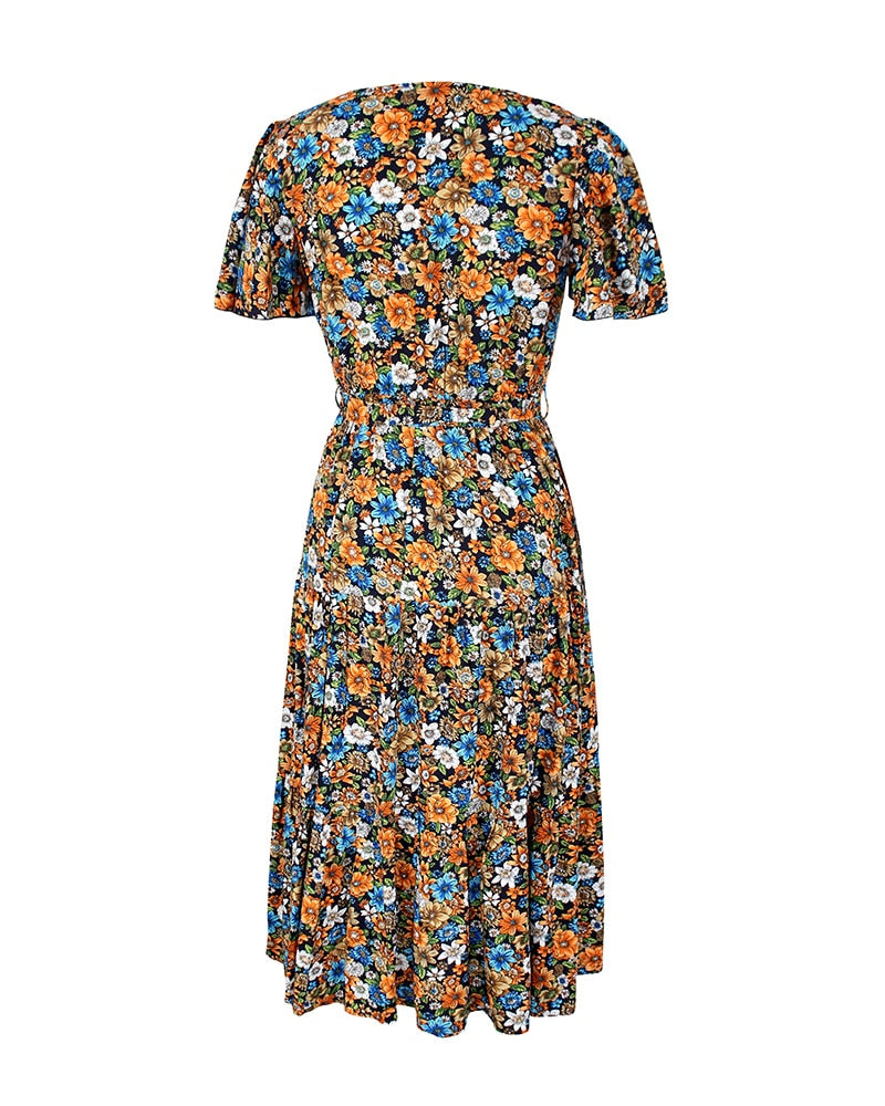Geblümtes Vintage Sommerkleid mit Wadenlangen Rock