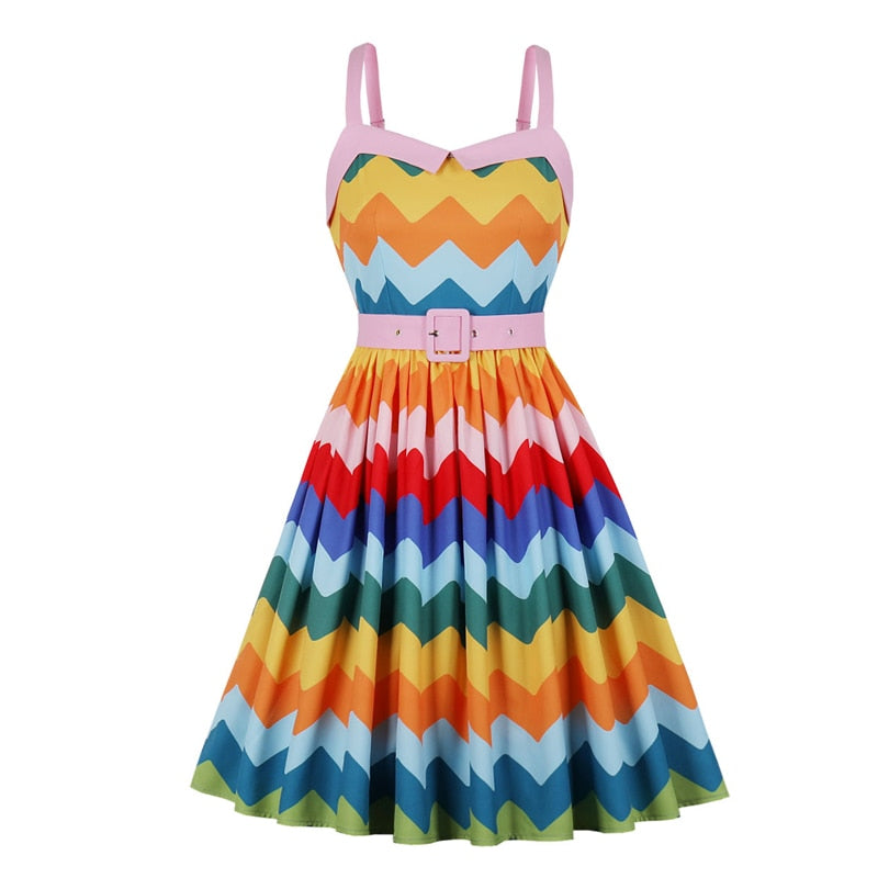 50er & 60er Jahre Regenbogen Kleid mit Gürtel