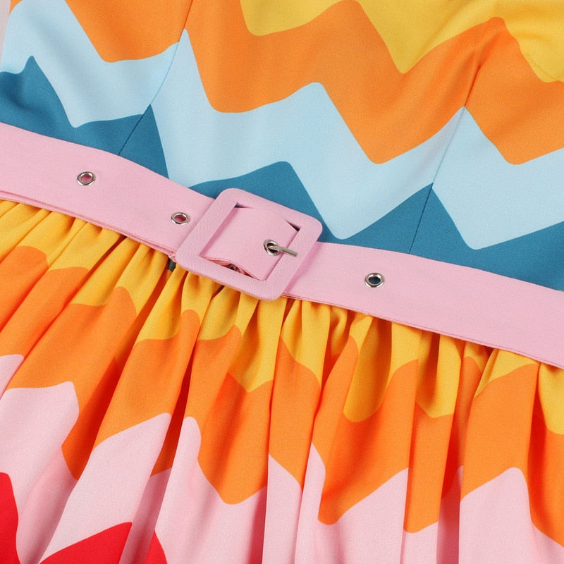 50er & 60er Jahre Regenbogen Kleid mit Gürtel