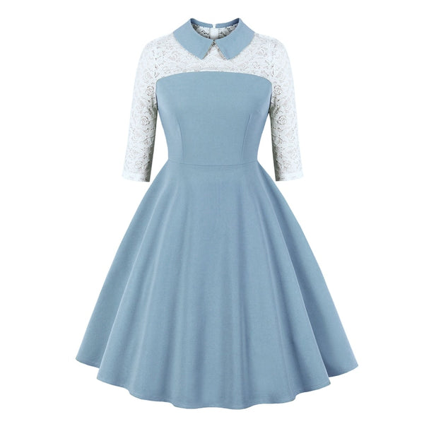 Blaues A-Linien Kleid mit weißen Spitzen-Oberteil