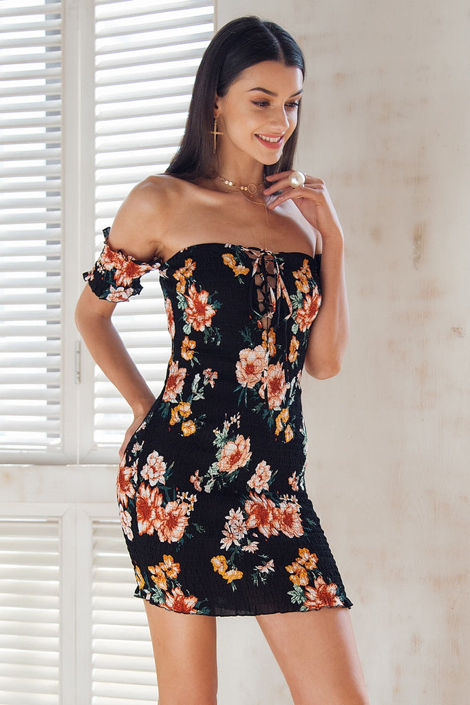 Figurbetontes Sommer / Strand Kleid geblümte & schulterfrei in 2 Farben