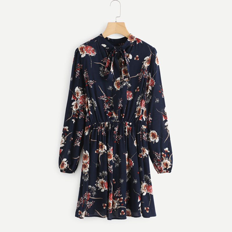 Blaues Langarm Sommerkleid mit schöner Kragen-Schleife