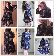 Lade das Bild in den Galerie-Viewer, Blaues Langarm Sommerkleid mit schöner Kragen-Schleife