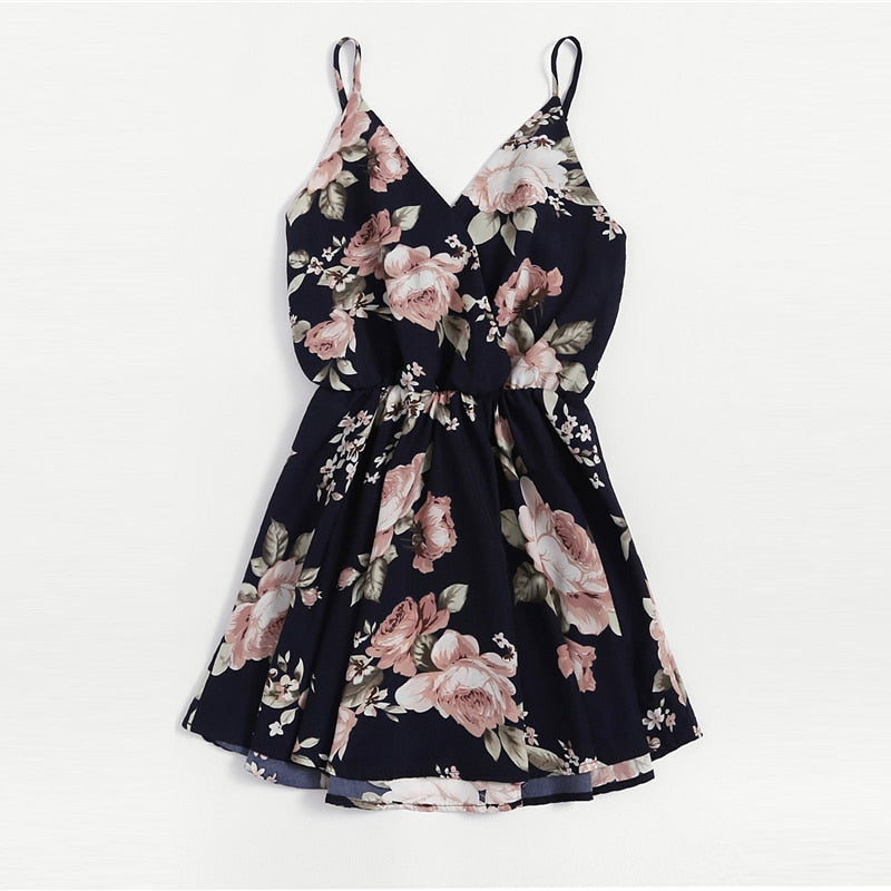 Geblümtes Sommer/Strandkleid in Marineblau mit Spaghettiträger