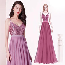 Lade das Bild in den Galerie-Viewer, Pailletten Abendkleid Spaghettiträger V-Ausschnitt Rosa
