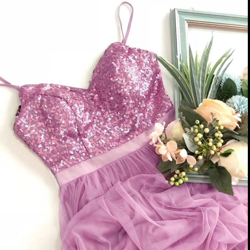 Pailletten Abendkleid Spaghettiträger V-Ausschnitt Pink Rosa