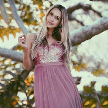 Lade das Bild in den Galerie-Viewer, Pailletten Abendkleid Spaghettiträger V-Ausschnitt Pink